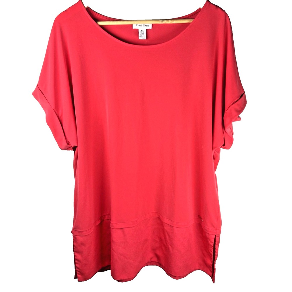 Calvin Klein Short Sleeve Tunic Blouse Roll Sleeve Side Slit Tiered Womens XL